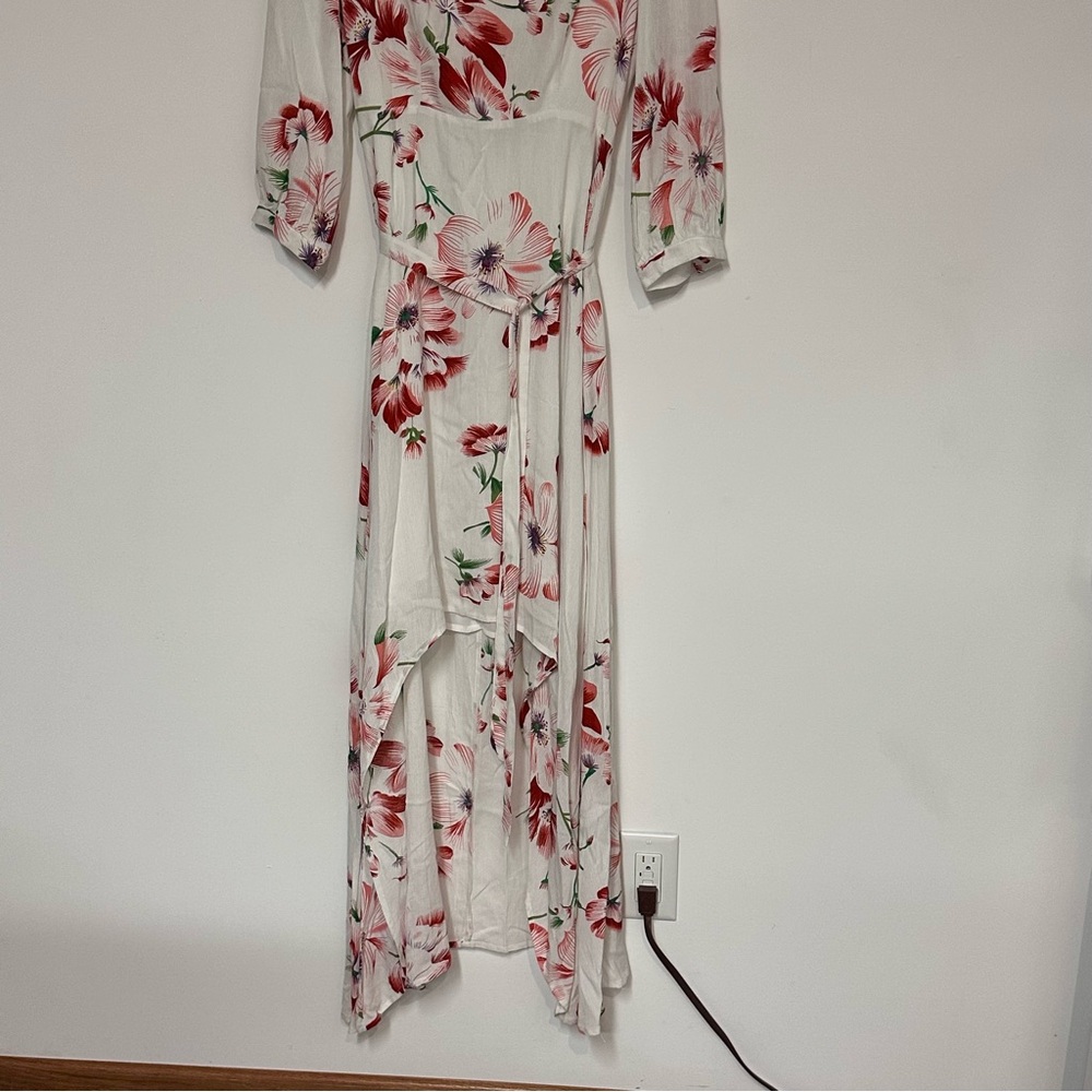 Promesa Cottagecore White Floral High Low Belted Ruffled Trim Maxi Dress Medium - Picture 3 of 9